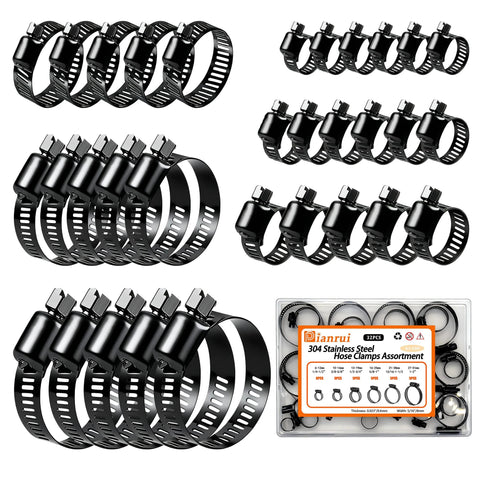 Dianrui 32‑pc black hose clamps set, 1/4"–2" (6–51mm), 304 stainless worm-gear clamps for automotive and marine use