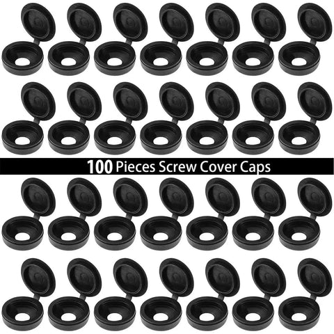 100 Piece Hinged Plastic Screw Cover Caps Set With Shutter Fold Snap Covers and Washers, black flip top caps, laid out in a grid.