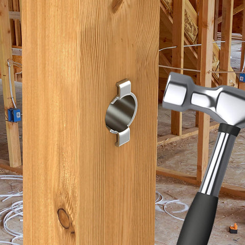 FOROIRON Smart Shield nail guard installed on wooden stud for wire protection; round metal shield with clamps