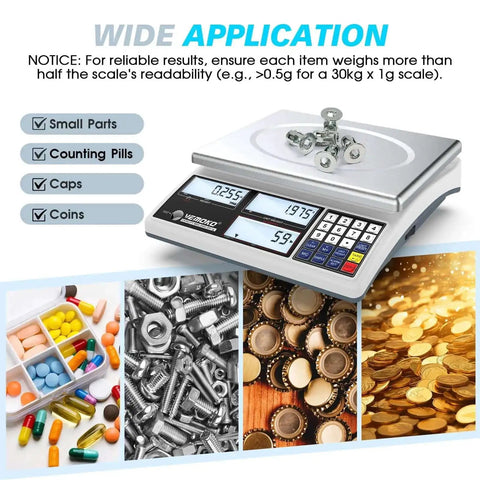 Pro Grade Industrial Counting Scale For Small Parts With 30 Kg And 66 Lb Capacity, 1G Precision, Switchable Units, displayed with small parts.