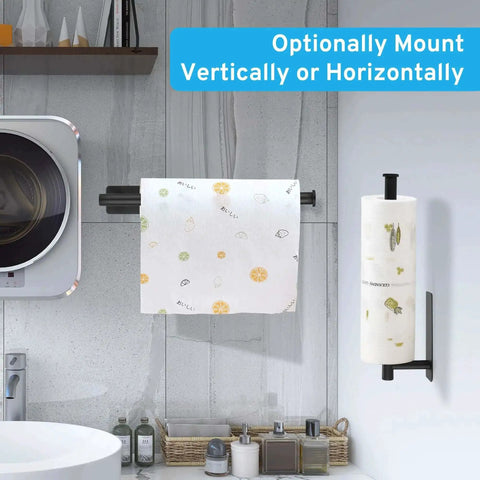 Under Cabinet Paper Towel Holder With Optional No Drill Self Adhesive Or Drill In Wall Mount Heavy Duty Stainless Steel SUS304 installed vertically and horizontally in kitchen setting