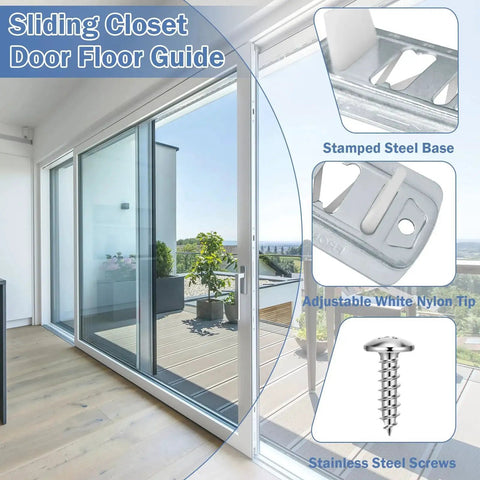 Adjustable Floor Guide For Sliding Closet Doors Two Pack Plastic Construction White Helps Keep Doors Centered On Track And Fits Three Quarter To One And Three Eighths Inch Inch Easy To Install And Quick Replacement For Long Lasting Performance, shown with sliding door and included hardware.
