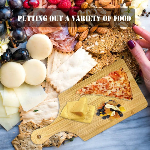 Six Piece 11 By 5 Inch Mini Charcuterie Boards With Handles Set For Crafts Unfinished Wood Cutting Boards Laser Engraving Blank Gift Idea Perfect For Home Entertaining And Gift Giving For DIY Lovers And Small Gatherings displayed on a table with cheese and crackers.