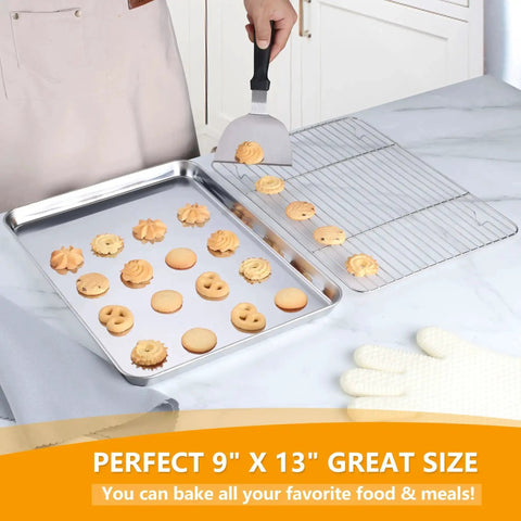 Stainless Steel Quarter Sheet Pan With Rack 9x13 Inch, cookies on pan, wire cooling rack beside, kitchen countertop