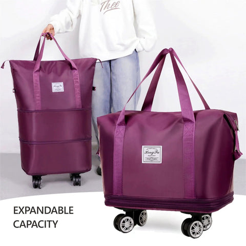 Expandable Foldable Duffel Bag With Detachable Rolling Wheels Converts From Wheeled Luggage To Carry On Tote in purple, expandable