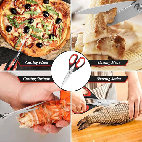 Heavy Duty Kitchen Scissors Set Eight And A Half Inch Two Pack Stainless Steel Shears cutting pizza, meat, shrimp, and fish scales