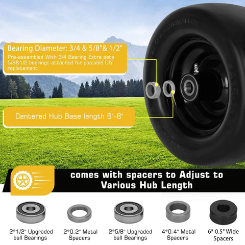 Close-up of 2 Pack 11x6.00-5 Flat Free Lawn Mower Tires And Wheels, Solid Front Tires For Zero Turn Mower with hub and spacers.