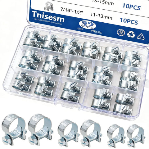 Automotive hose clamp set, 32 pieces in a clear plastic case; stainless steel clamps for 1/4, 5/16, 3/8 inch fuel lines