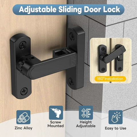 90 And 180 Degree Sliding Barn Door Lock Adjustable Zinc Alloy Security Latch installed on wooden door with 180-degree mount.