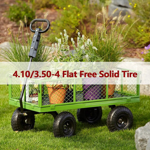 10 Inch Flat Free Solid Tire And Wheel Replacement 4.10/3.50-4 on green garden wagon with flowers