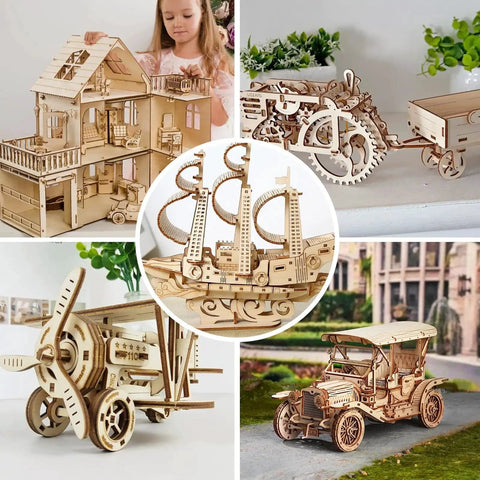 Wooden architectural and vehicle models made from basswood sheets for DIY crafts and laser cutting, showcasing intricate designs.