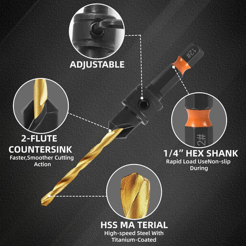 Pro Grade HSS Adjustable Countersink Drill Bits Set For Woodworking With Magnetic Extension And Storage Box 12 Piece Including Sizes 4 6 8 10 12 By YQANDL, showing close-up of titanium-coated bit and adjustable hex shank.