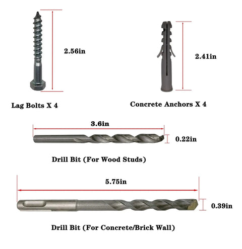 Heavy Duty Lag Bolt Kit For Mounting TV Bracket Into Wood Or Concrete Walls With Concrete Anchors And Drill Bits Includes 4 Lag Screws, 4 Concrete Anchors, 4 Washers And 2 Alloy Steel Drill Bits For Secure Installation