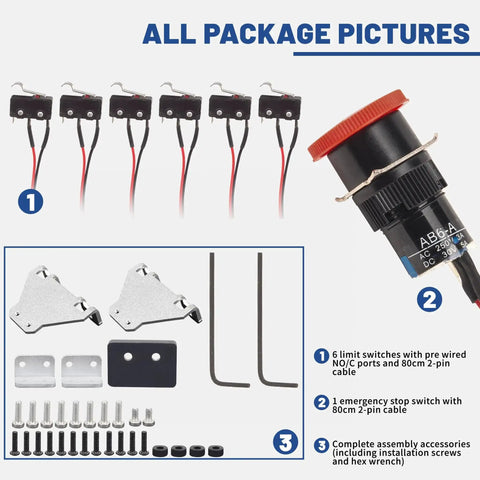Limit Switch Kit With Emergency Stop For CNC Routers Featuring 6 Micro Switches 2 Pin Connector 80cm Cable 1NO 1NC Screws