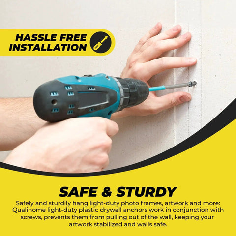 Person using drill to install Ribbed Plastic Drywall Anchors For Secure Wall Fastening In Drywall Projects Bulk Pack Of Expandable Split Body Anchors For Drywall Size Six To Eight By Seven Eighths Inch Easy To Install With No Spinning on wall.