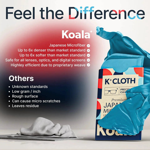 Advertisement featuring Japanese Microfiber Lens Cleaning Cloths Pack Of 2 For Glasses Cameras Screens with product benefits