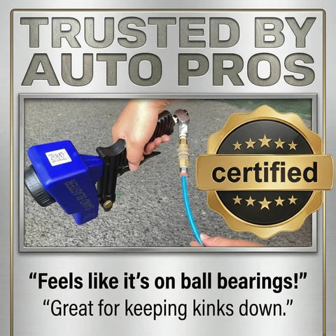 Air Compressor Swivel Connector Kit With 360 Degree Quick Connect Fittings in use showing leak free connection and kink free hose.