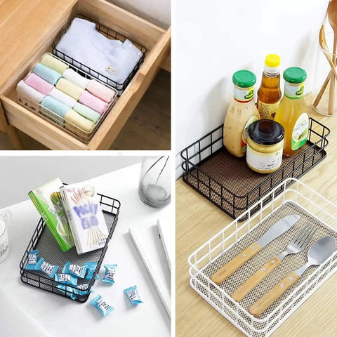 Black Metal Wire Cabinet Organizer And Storage Rack With Iron Grid Mesh Basket, storing clothes, groceries, and utensils in home settings