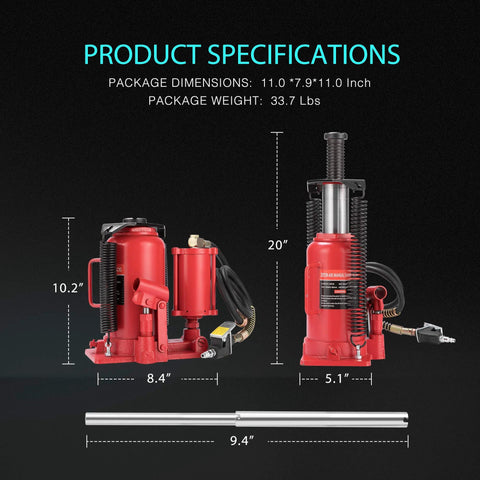 20 Ton Pneumatic Bottle Jack With Manual Pump For Auto Truck And Trailer, view showing dimensions and red components