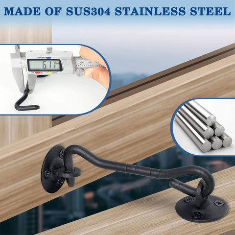 Heavy Duty Privacy Hook And Eye Latch, 4 Inch Long For Barn Doors, Gates, Cabinets And Windows, No Muss No Fuss Easy Lock Hardware Kit With Screws visible on wood