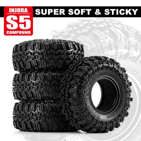 Grippy Soft Rubber Rock Crawler Tires 1.0 Beadlock Fit For 1/18 And 1/24 RC Cars, 4 Pack 56x22mm, S5 Compound With Foam Inserts