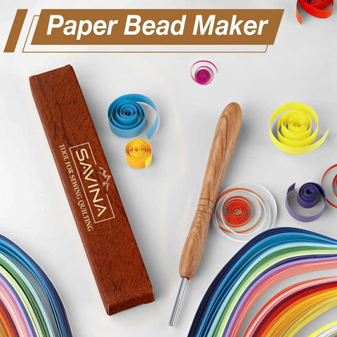 Wooden Paper Bead Roller With Slotted Metal Tip For Easy Quilling alongside colorful paper strips and box