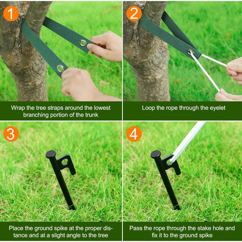 Heavy Duty Tree Stakes And Ground Anchor Kit For Young Trees Weatherproof Support System Includes 3 Metal Stakes 3 Straps And 32.8 Ft Rope Built To Stand Up To Severe Weather And Strong Winds installation steps showing use of tree straps and stakes.