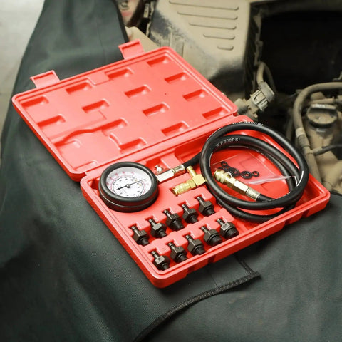 Oil Pressure Tester Tool Kit With Dual Display Gauge 0 To 140 PSI For Cars And Trucks Includes 10 Adapters in red case