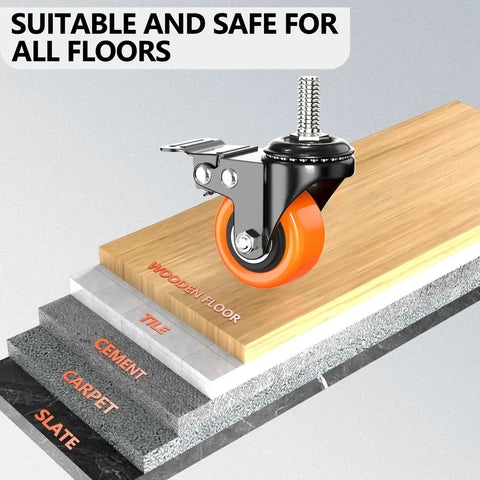Heavy Duty 2 Inch Stem Caster Wheels Set Of 4 With Safety Locking Swivels 600 Lb Capacity on various floor types like wood and tile