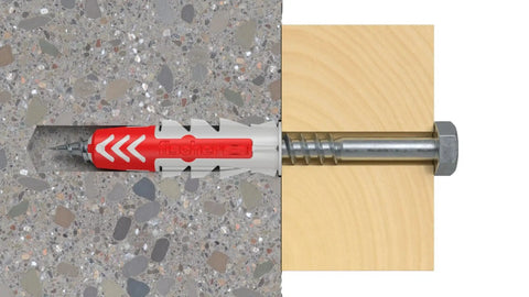 Installation of 100 X DuoPower Dowels 8 X 40 mm for solid walls, showing expansion in concrete with a secured bolt