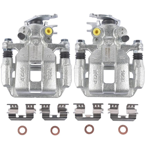 Two silver disc brake caliper assemblies with brackets and hardware for rear left and right Honda/Acura models.