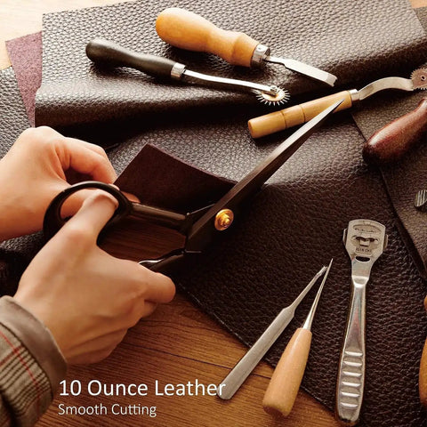 Person using Pro Grade Heavy Duty 10 Inch Fabric Scissors For Leather Sewing And Tailoring on leather with tools nearby