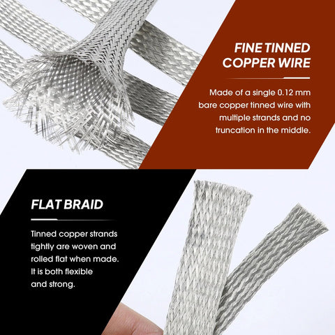 Tinned copper braided shielding sleeve, flat mesh, 5/16 in wide by 0.20 in dia, 28 ft long.