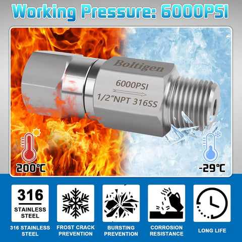 Boltigen 1/2 NPT stainless steel inline ball check valve, 316SS, 6000 PSI, for well pump and backflow prevention