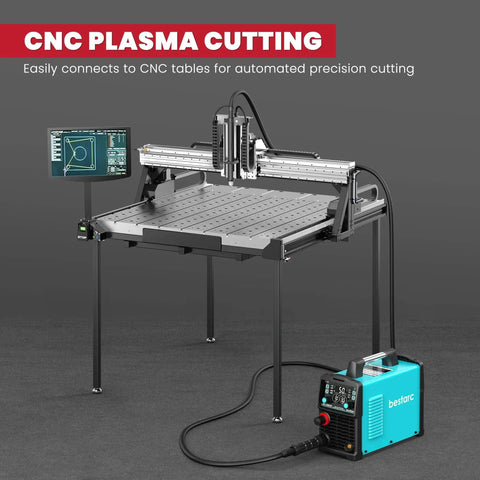 CNC machine setup with screen, cables, and plasma cutting equipment for automated precision cutting in industrial settings.