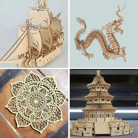Basswood Sheets One Eighth Inch Thick 16 By 12 Inch Unfinished Wood Boards Ten Pack For Laser Cutting Arts And Crafts Pyrography Wood Engraving Model Making And DIY Projects showcasing wooden ship, dragon, mandala, and temple models.