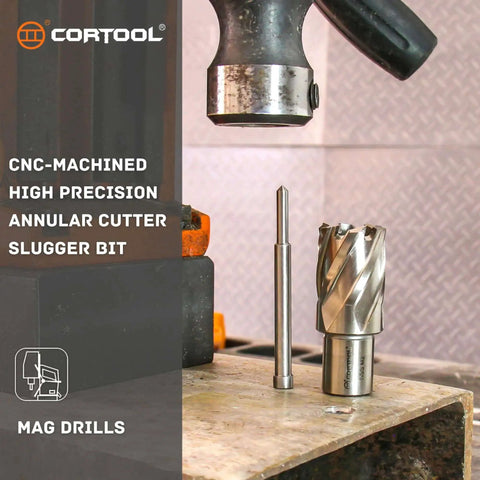 Annular Cutter For Mag Drill Press 1 Inch Cutting Diameter With Pilot Pin, Weldon Shank, on CNC machined surface with bit.