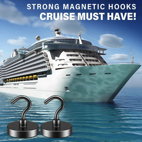 Heavy Duty Magnetic Hooks 80 Lb Capacity With Neodymium Grade 5 Magnets And Steel Construction in front of a cruise ship.