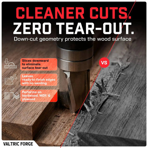 Down Cut Flush Trim Router Bit With One Quarter Inch Shank, Three Eighths Inch Cutting Diameter, clean cut on wood surface