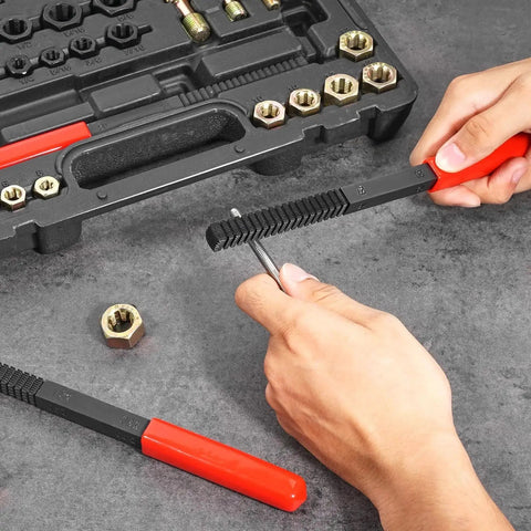 Close-up of hands using 49 Piece Thread Restorer Set with Heat Treated Steel Taps Dies UNC UNF Metric on a bolt.