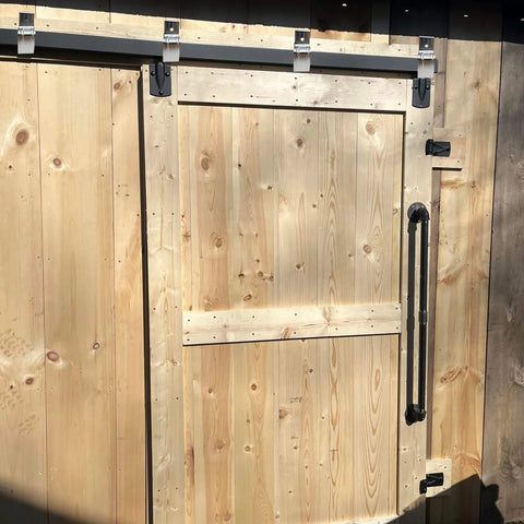 Heavy Duty Box Rail Hanger Bracket With Bolts For Exterior Barn Door Hardware Set Of 4 In Silver, installed on a wooden door.