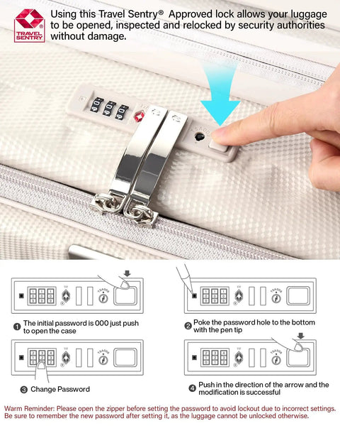 Person setting TSA lock on top opening 24 inch expandable hard shell luggage with wheels ivory white
