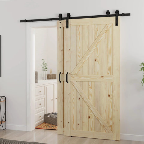 Double 40x84 Inch Bypass Barn Door With 7 Ft Track Hardware Kit Included, Unfinished Solid Wood, installed in a modern room.