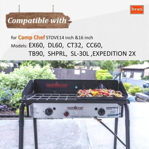 Outdoor grill with stove featuring EX60, DL60, CT32 models, compatible with Camp Chef stoves for secure cooking.