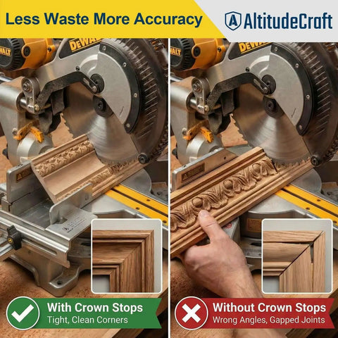 Crown Stops For Miter Saw That Make 45 Degree Crown Cuts A No Brainer Heavy Duty Crown Molding Jig By AltitudeCraft Fits DEWALT DWS780 DW718 DW716 And Other DEWALT Models Reduces Bevel Adjustments And Wasteful Test Pieces installed on DEWALT saw.