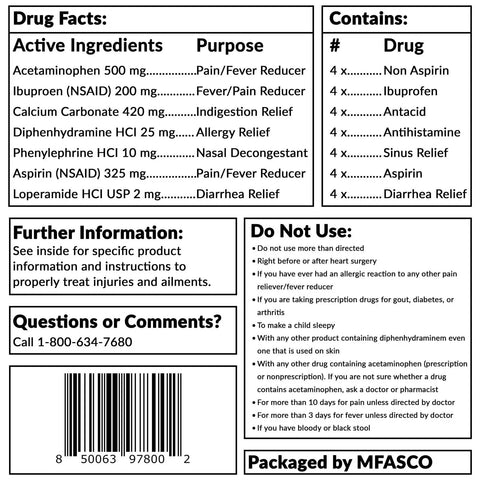 7 In 1 Travel Size Medicine Kit TSA Approved For On The Go Essentials With 28 Unit Dose OTC Packets drug facts and contents.