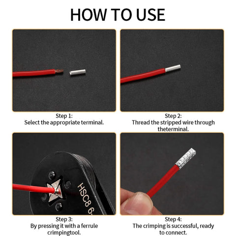 180 Pcs Wire Ferrules Kit With Silver Plated Copper Crimp Terminal Connectors usage steps for electrical cables.