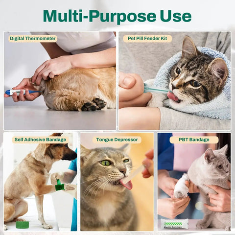 Pet First Aid Kit For Dogs And Cats With Thermometer And Disposable Booties, images of using thermometer, bandage, and pill feeder.