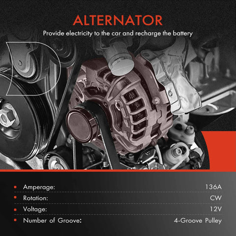 Alternator Replacement For Chrysler PT Cruiser 2006 2007 2008 2009 2.4L Turbo 136 Amp 12 Volt Clockwise Rotation 4 Groove Pulley New Replacement Part 5034702AA Compatible