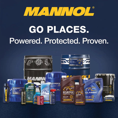 Mannol product lineup featuring various engine oils and lubricants under the slogan 'Go Places. Powered. Protected. Proven.'